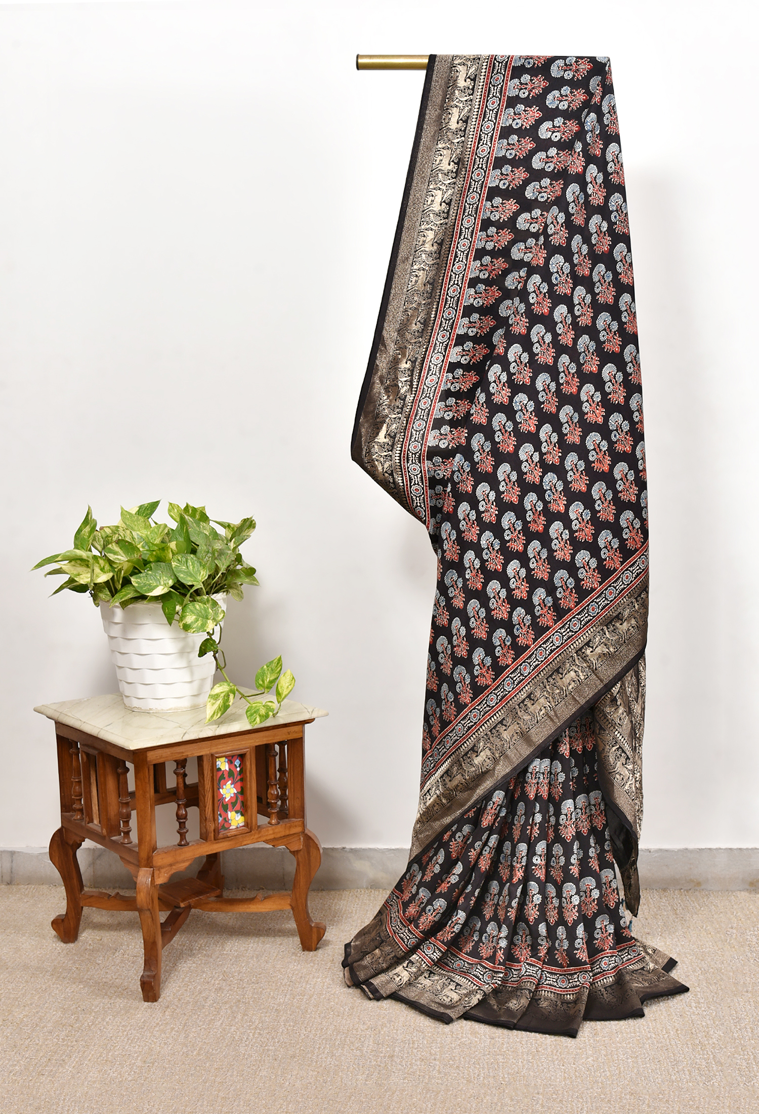 Kishti : Ajrakh Handblock Dola Silk Saree With Nakshi Zari Pallu