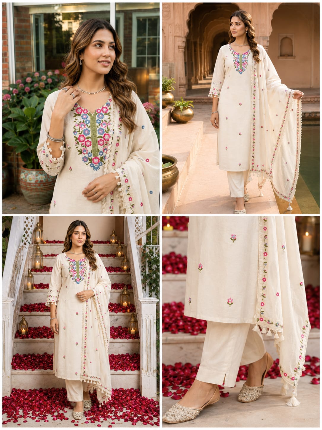 Pink Green Embroidery Cotton Suit Set with Dupatta