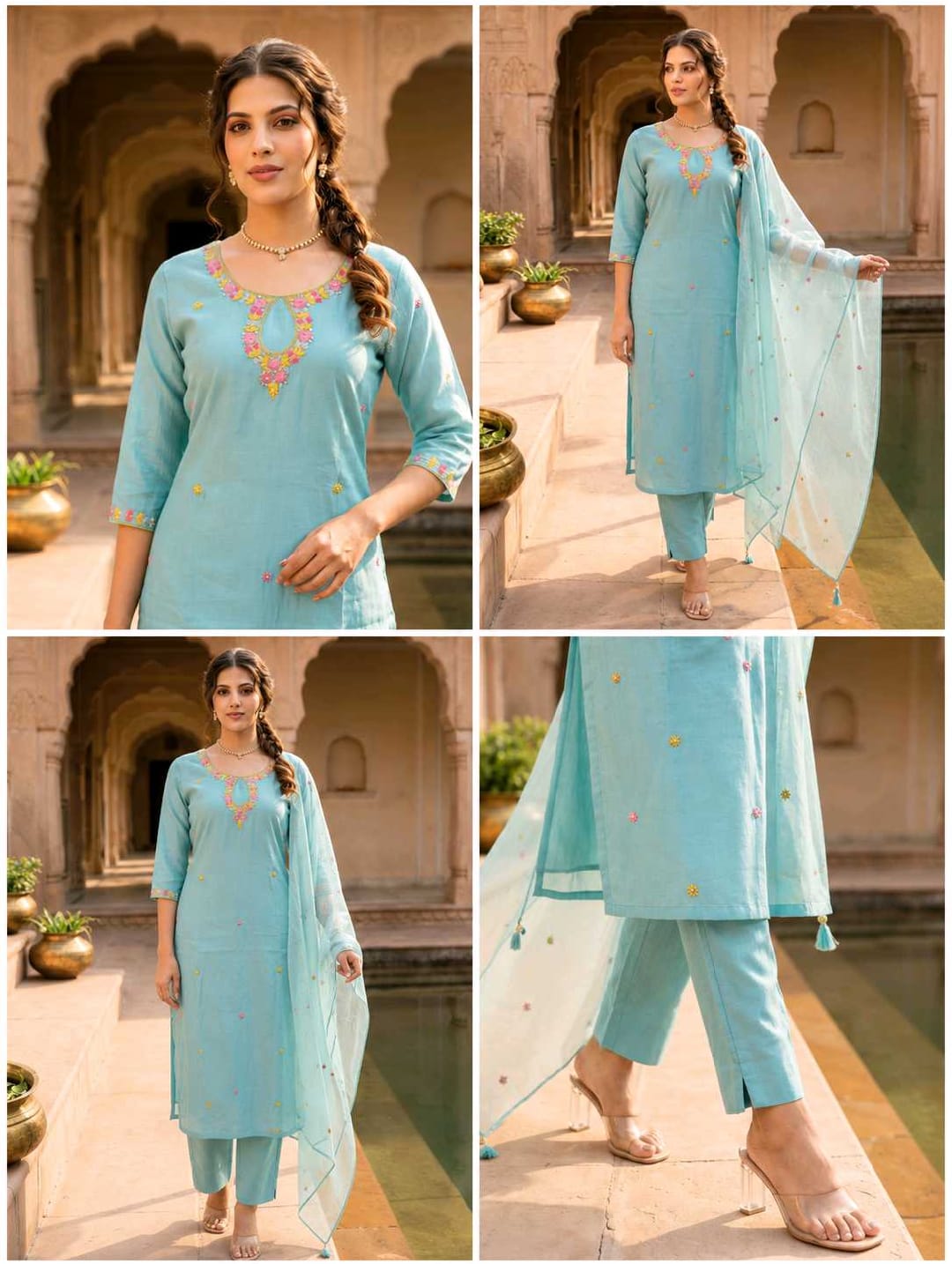 Sky Blue Mal Cotton Embroidery Suit Set with Organza Dupatta