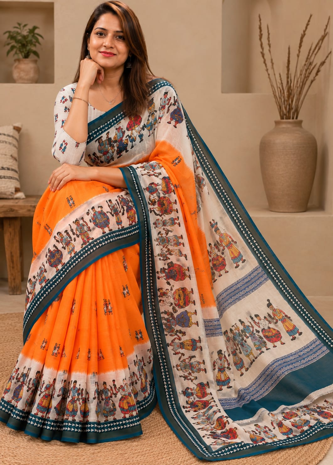 Vibrant Orange Saree with Folk Art Print