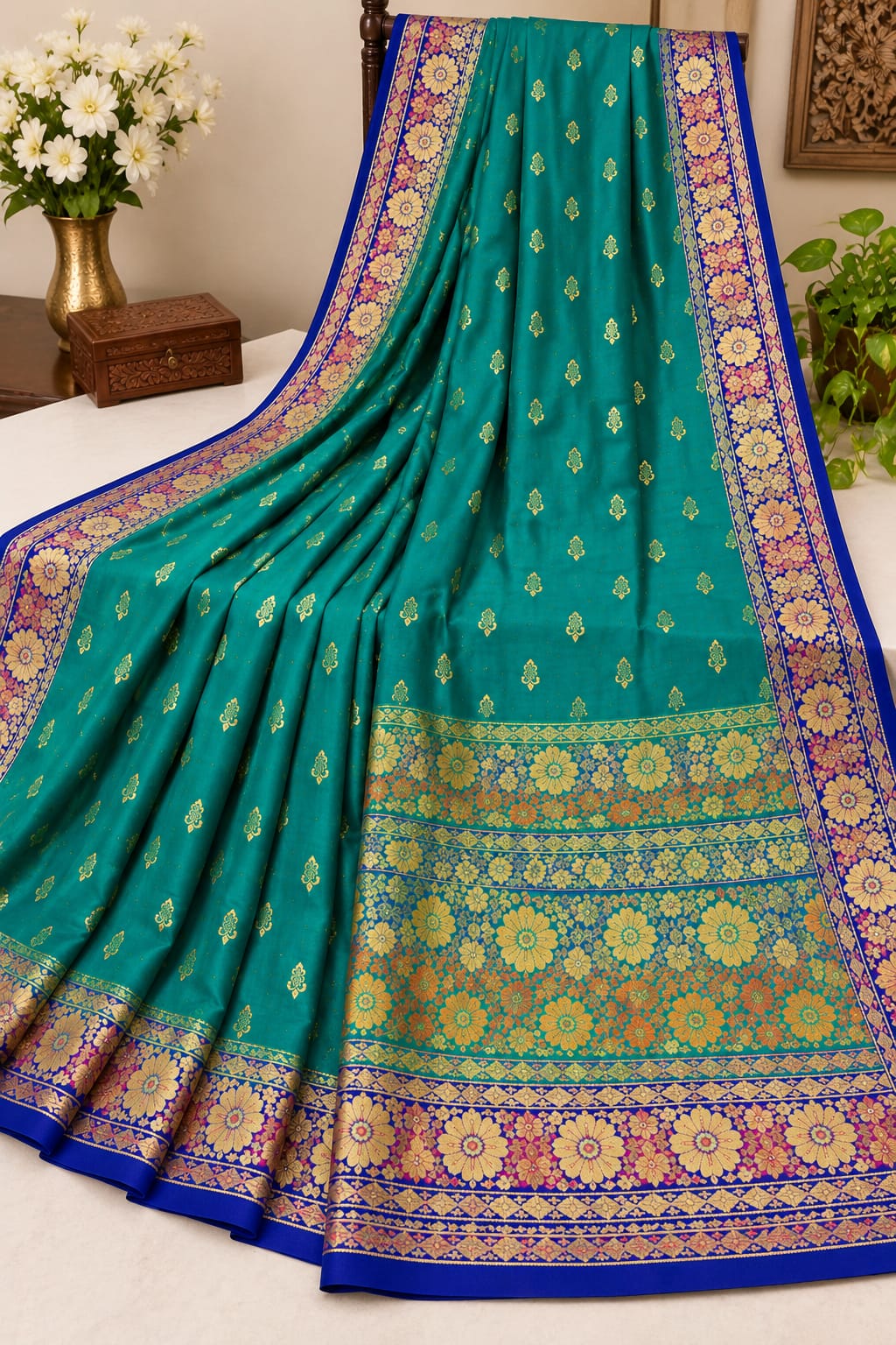 Elegant Teal Green Banarasi Silk Saree with Gold Zari Border