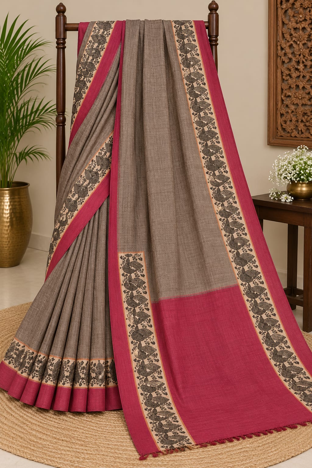Elegant Brown Saree with Maroon Border