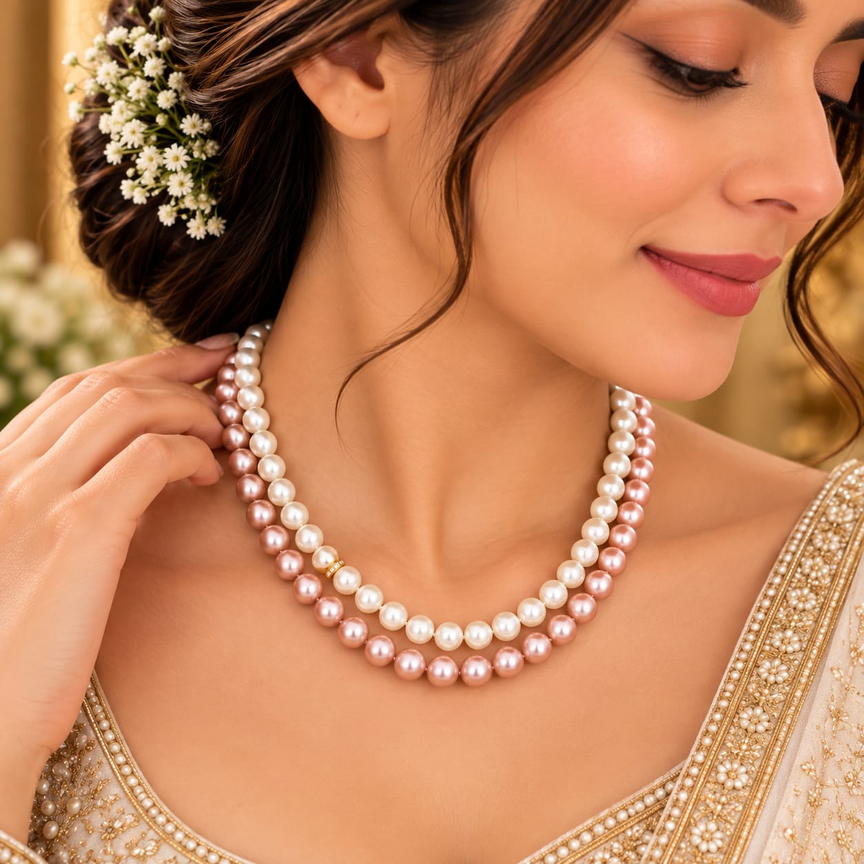 White and pink double strand pearl necklace