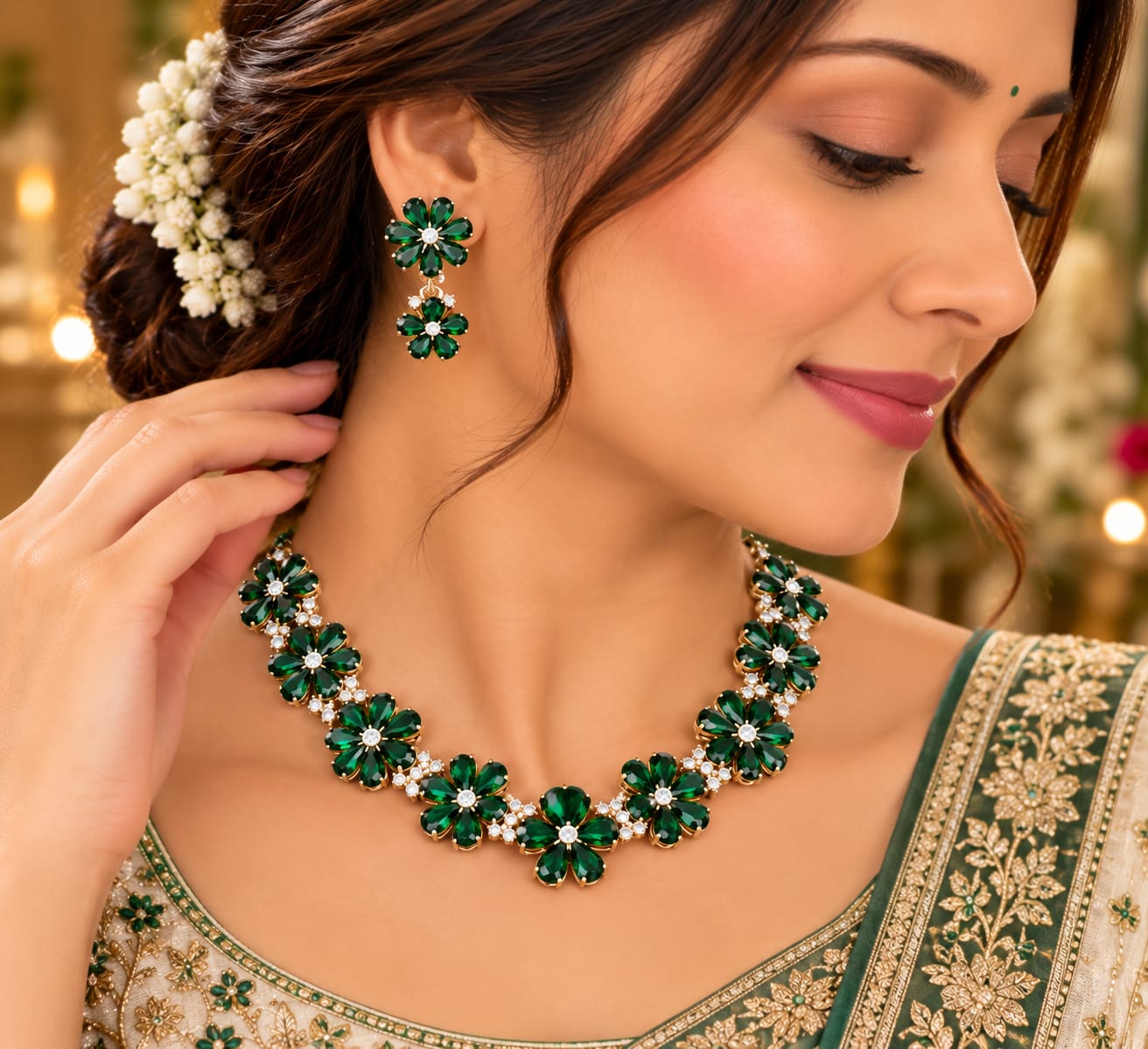 Green floral necklace set with earrings
