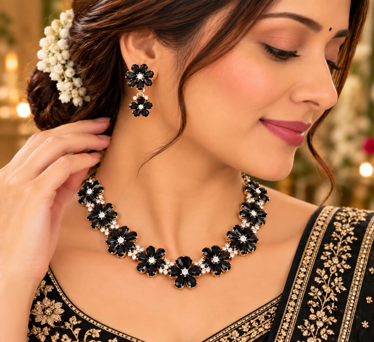 Black floral necklace set with earrings