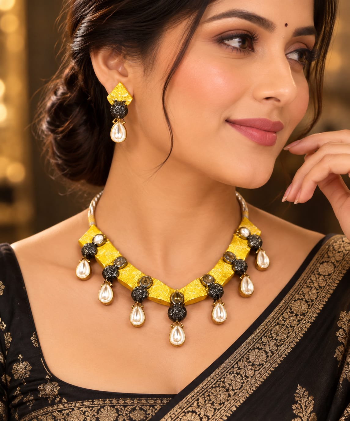 Yellow Boho shell necklace set