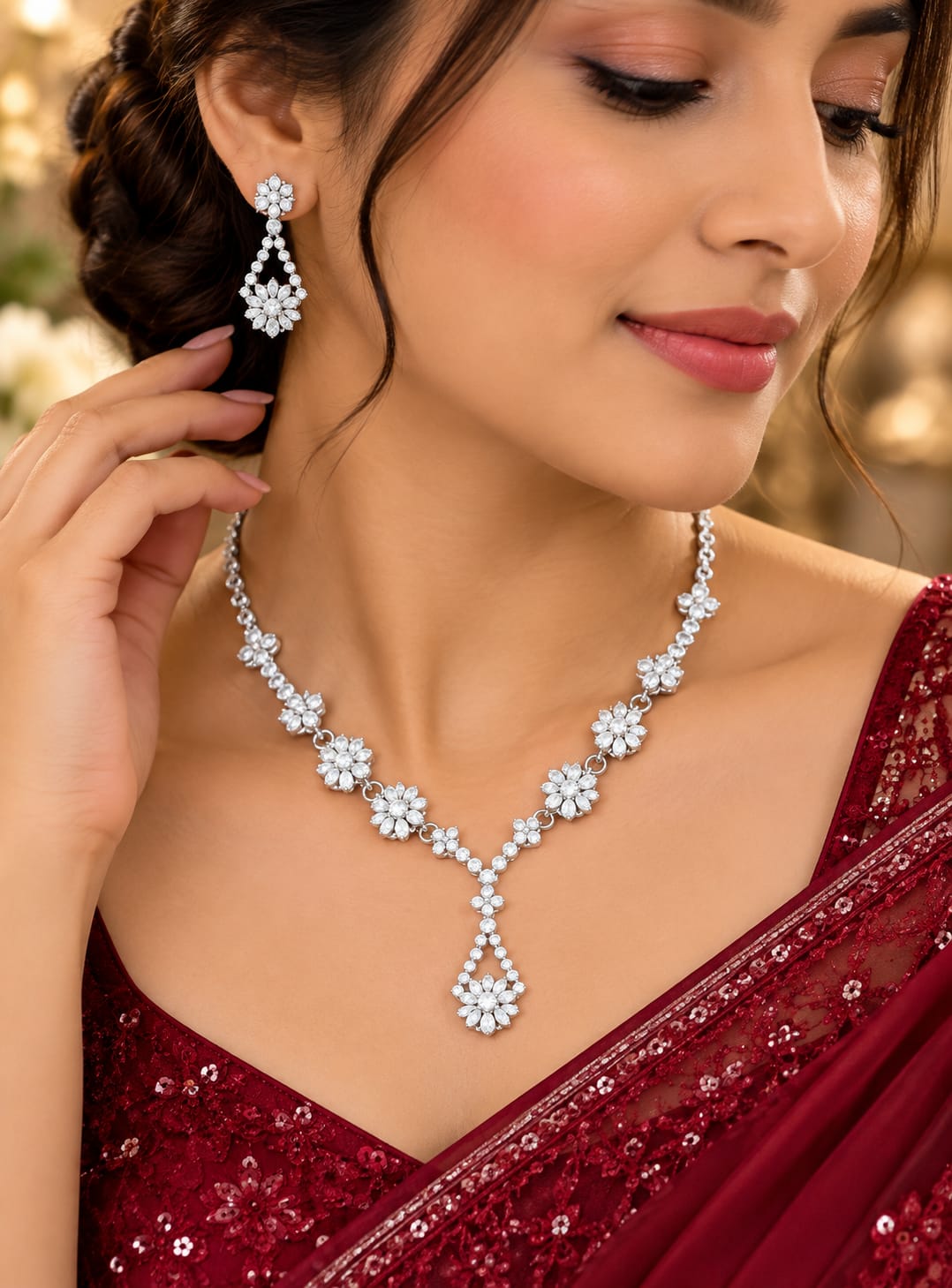 Silver AD floral necklace set
