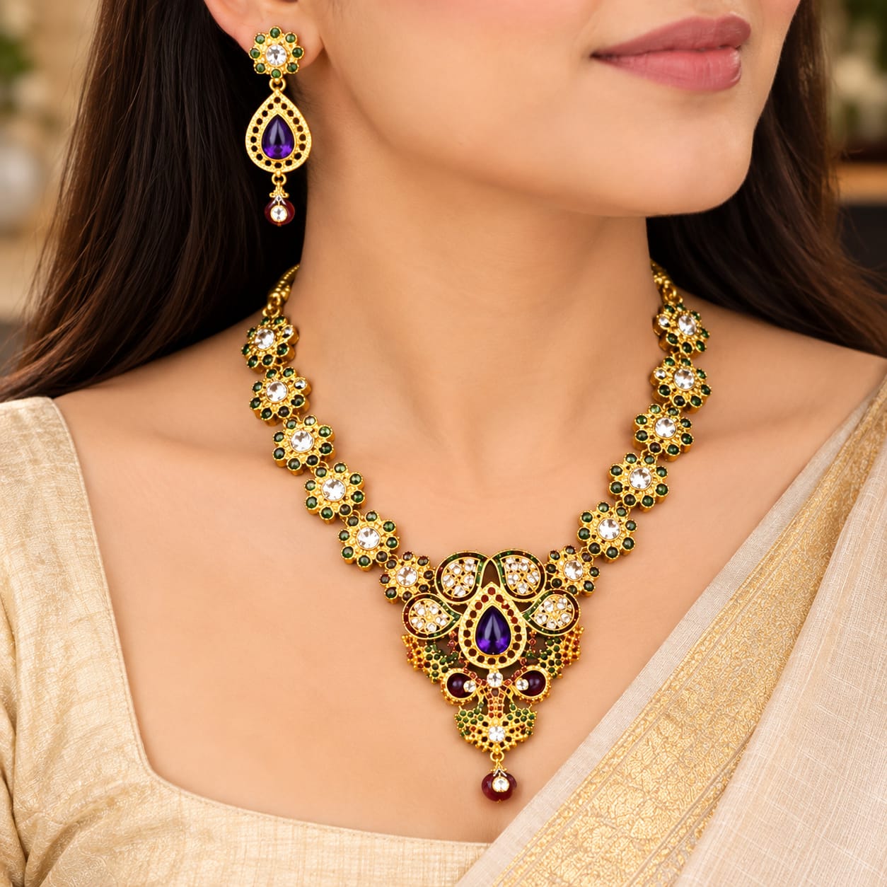 Kundan antique necklace set